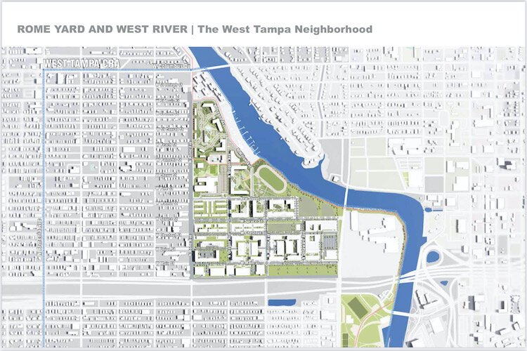The Rome Yard property sits on 18 acres on the west bank of the Hillsborough River near Downtown Tampa.