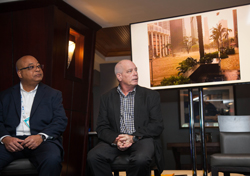 Charles Randatt with the City of Orlando, left, and Kevin Burns with the City of Miami lead a discussion on climate change issues in Florida.