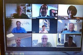 An online meetup of St. John's staff on Zoom.