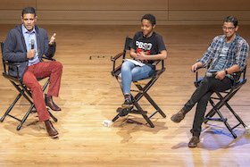 MediaWise Senior Multimedia Reporter Alex Mahadevan (right) and PBS Newshour Weekend anchor Hari Sreenivasan (left) teach more than 200 students at a MediaWise Voter Project event in New York City.