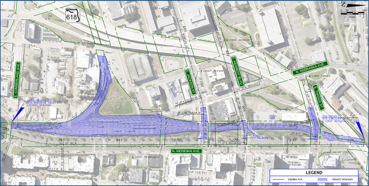 A map of the Tampa Hillsborough Expressway Authority's railroad removal project.