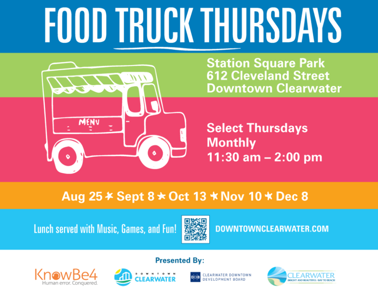 The monthly Food Truck Thursdays event at downtown Clearwater's Station Square Park launches August 25th with Kickin Caribbean as the featured food truck.