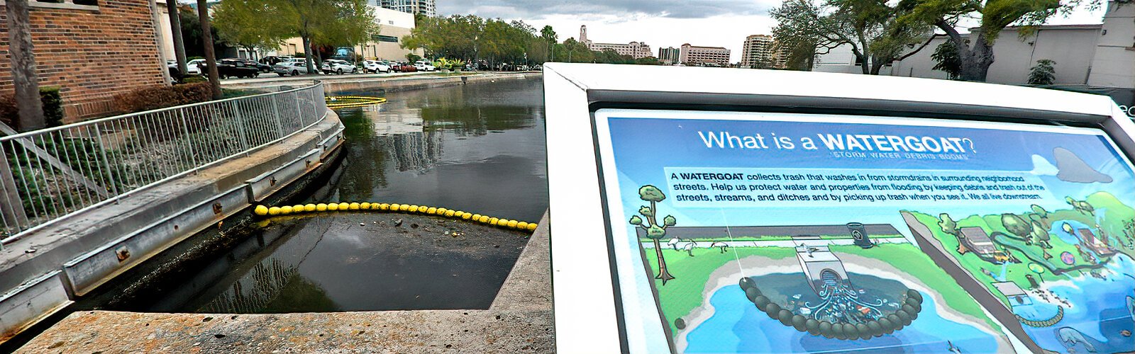 As explained and illustrated on the sign, the St. Petersburg Municipal Marina is kept clean by Watergoats, which prevent rash washed in from storm drains to pollute it.