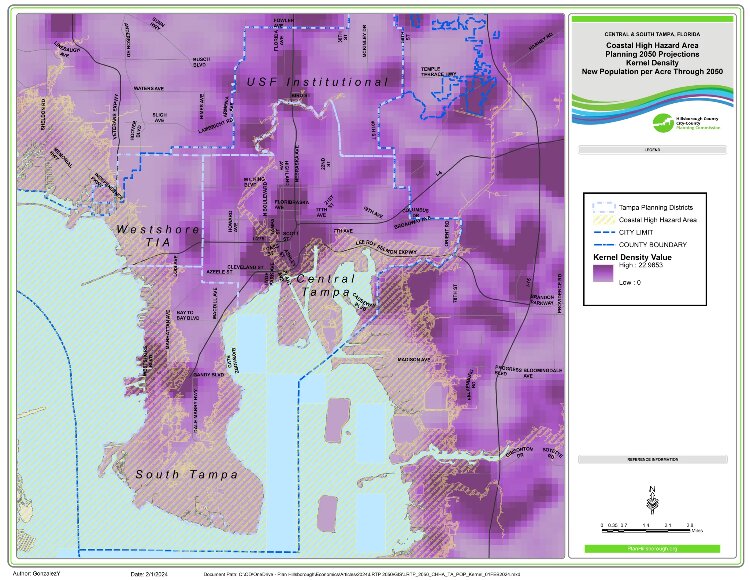 This Plan Hillsborough map of Tampa shows projected population growth per acre through 2050. The areas in purple are projected to have a higher number of new residents.