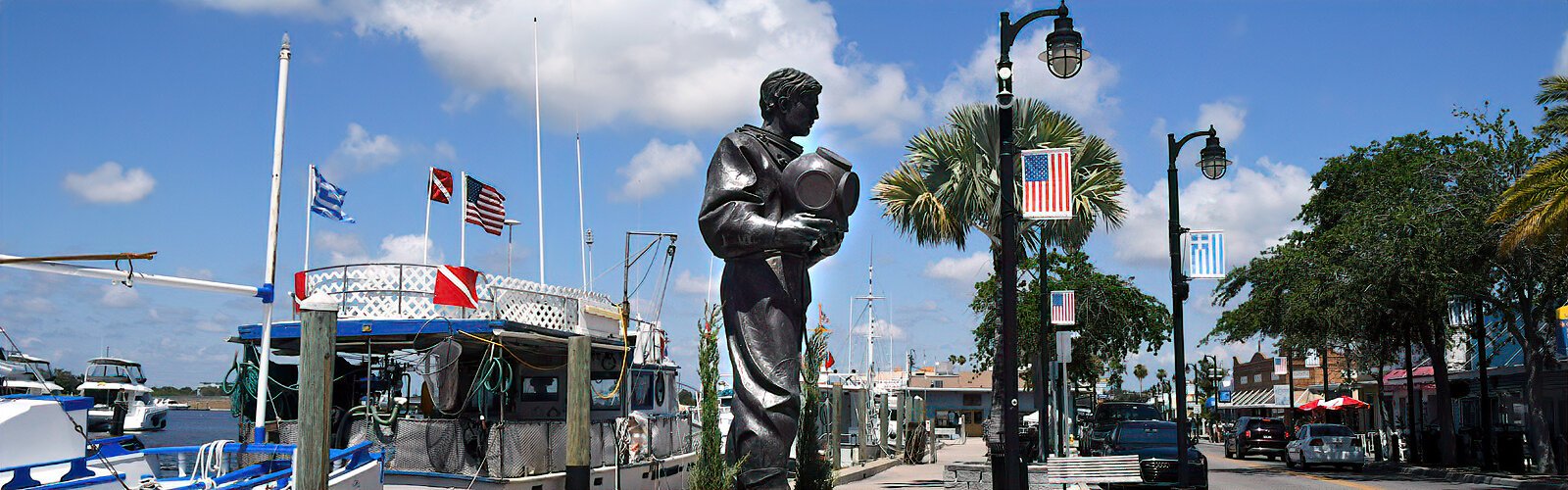 Erected as a memorial to Tarpon Springs sponge divers, a bronze statue of a sponge diver greets visitors on the Sponge Docks.