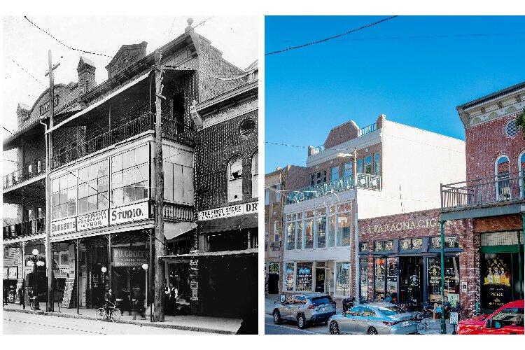 "Ybor Photos: Then and Now" at the FMoPA features historic photos, like this 1917 shot of the Burgert Brothers studio on the 1500 block of Seventh Avenue, alongside contemporary pictures in the same location, like this 2020 shot of La Faraona Cigars.