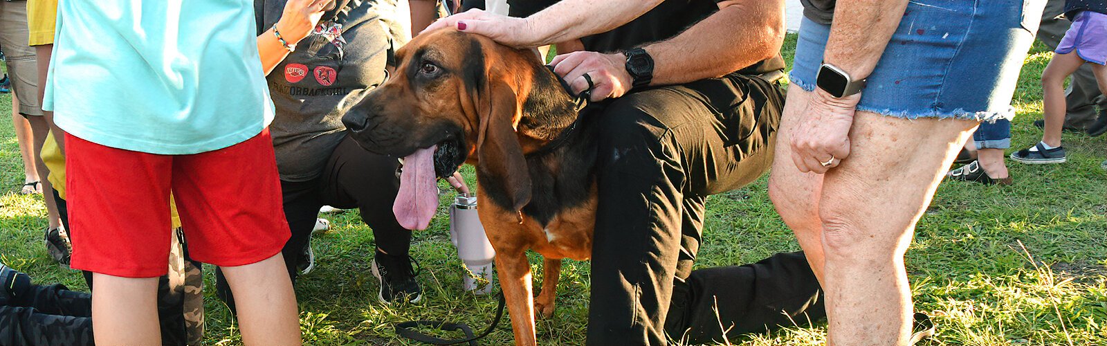 Attendees interact with K-9 Holmes, a bloodhound with a powerful sense of smell that helps police track lost people.