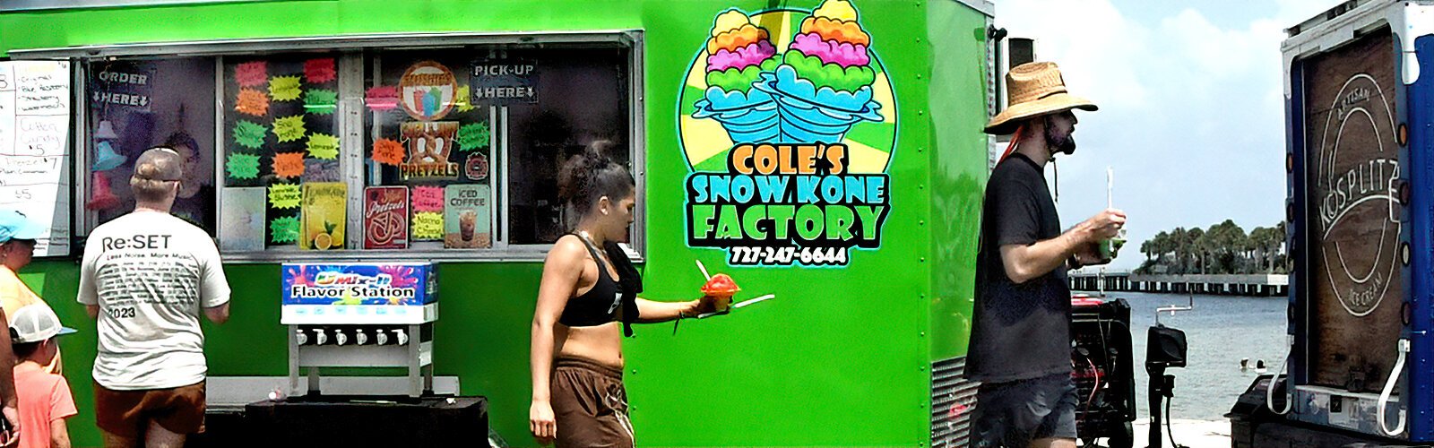 Family-owned Cole’s Snow Kone Factory of New Port Richey attracts customers with their brightly colored truck and do-it-yourself snow cone flavors.