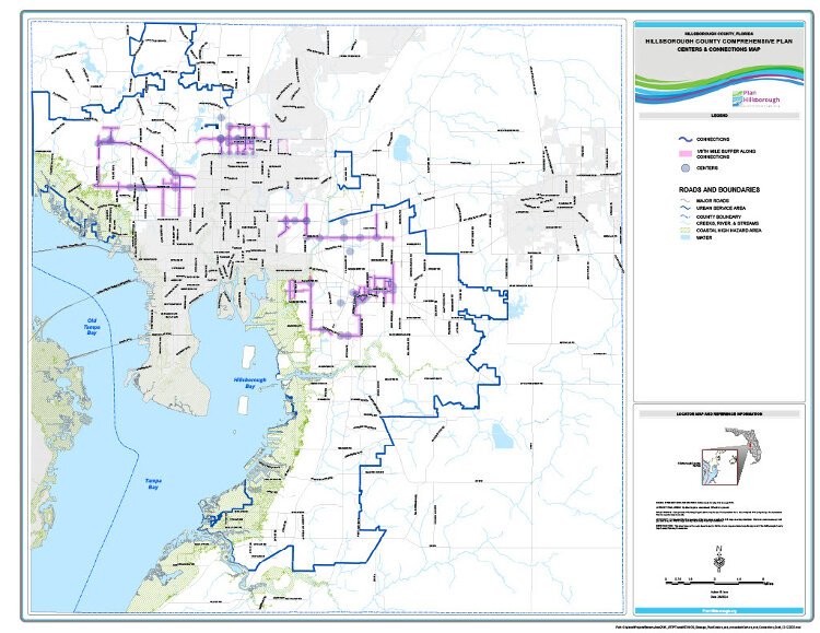 This map shows areas of unincorporated Hillsborough included in the proposed Centers & Connections program, which would offer density bonuses to developers who voluntarily include pedestrian improvements or other public benefits in projects.