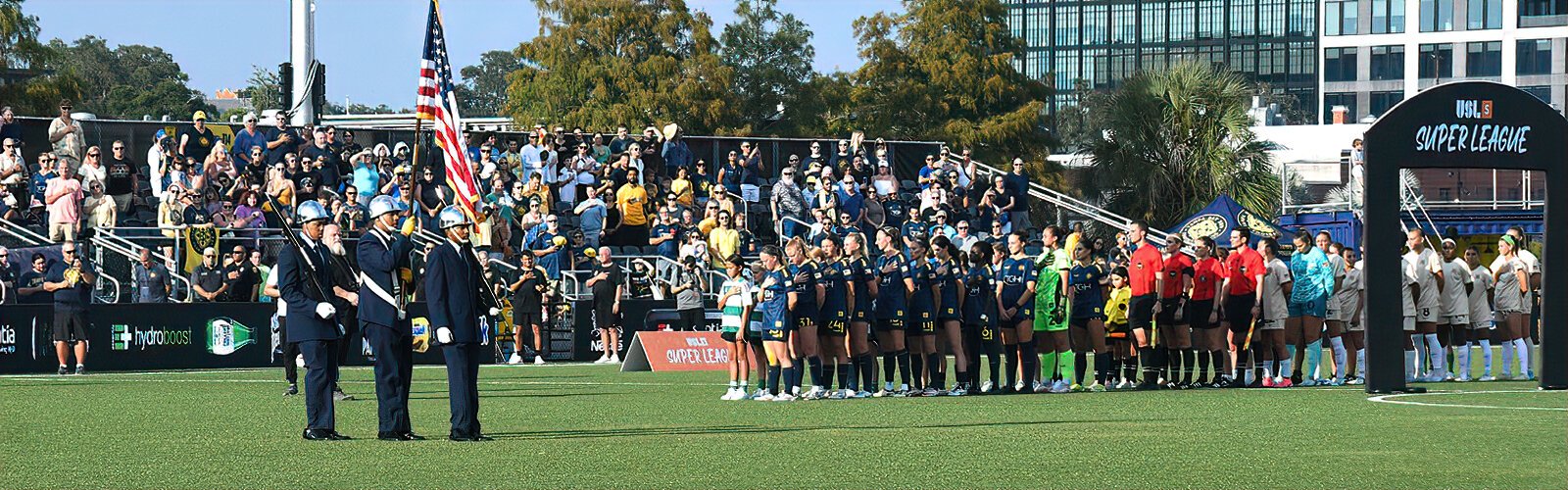 The national anthem plays at Blake High’s Riverfront Stadium in downtown Tampa before the Tampa Bay Sun FC face Dallas Trinity FC in their inaugural USL Super League match.