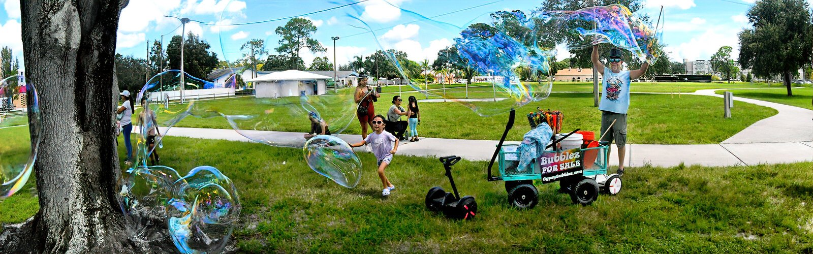  The giant bubbles of Bubblez Gypsy Bubbles generate excitement at the Suncoast Kids Extravaganza.