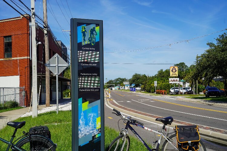 A new addition to this year's Car-Free Day is the City of Tampa's new eco-counter at the corner of North Boulevard and Cass Street, which tallies and displays the number of pedestrians and cyclists passing by.