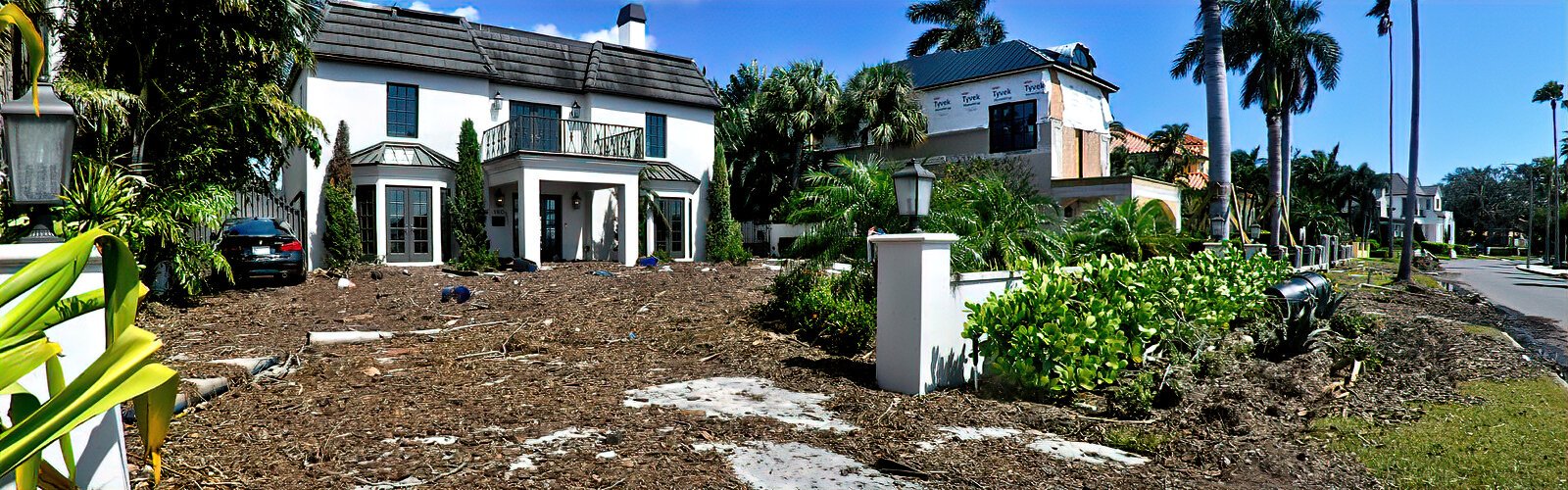 Hurricane Helene storm surge debris fill the front yard of a house on St Pete’s Snell Isle.