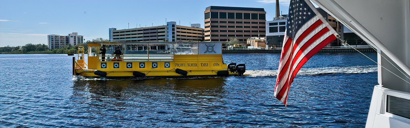  Also owned and operated by Manthey Hospitality, a Pirate Water Taxi crosses the Hillsborough River.