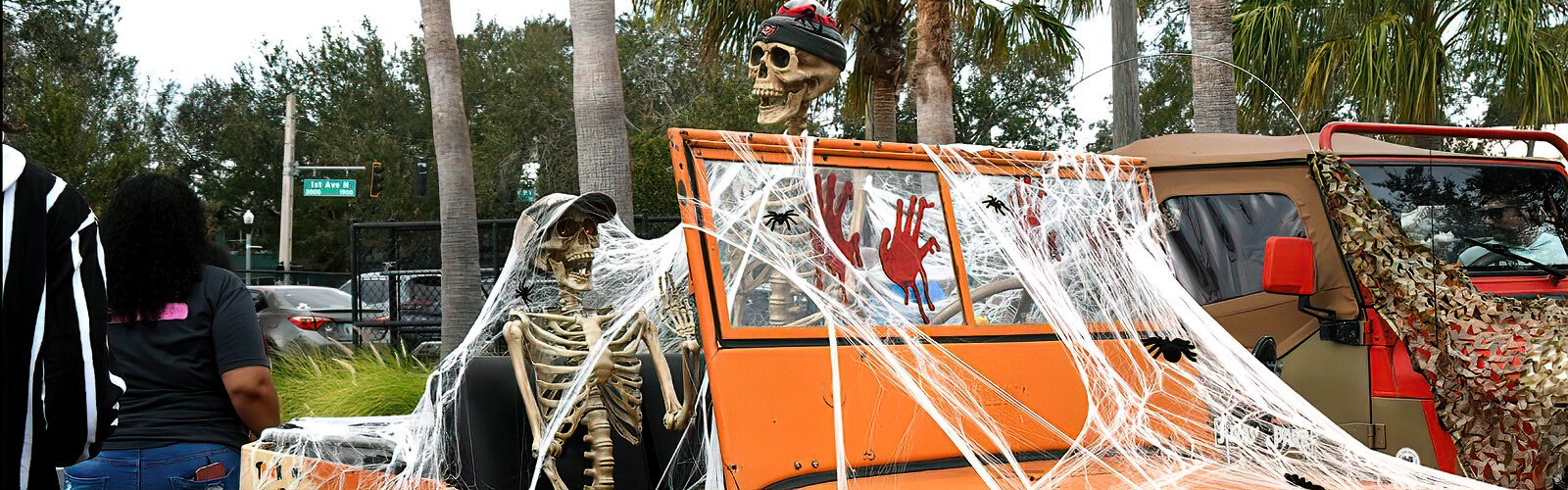 Bedecked with spooky Halloween decorations, this jeep is displayed at the “Trunk or Treat” car show presented by the Imagine Museum.