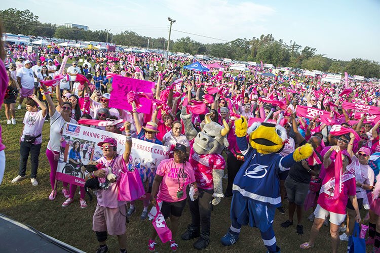 The Tampa Bay Lightning's Thunderbug and USF's Rocky the Bull joined the crowd at Making Strides Against Breast Cancer, which was presented by Seminole Hard Rock Hotel & Casino.