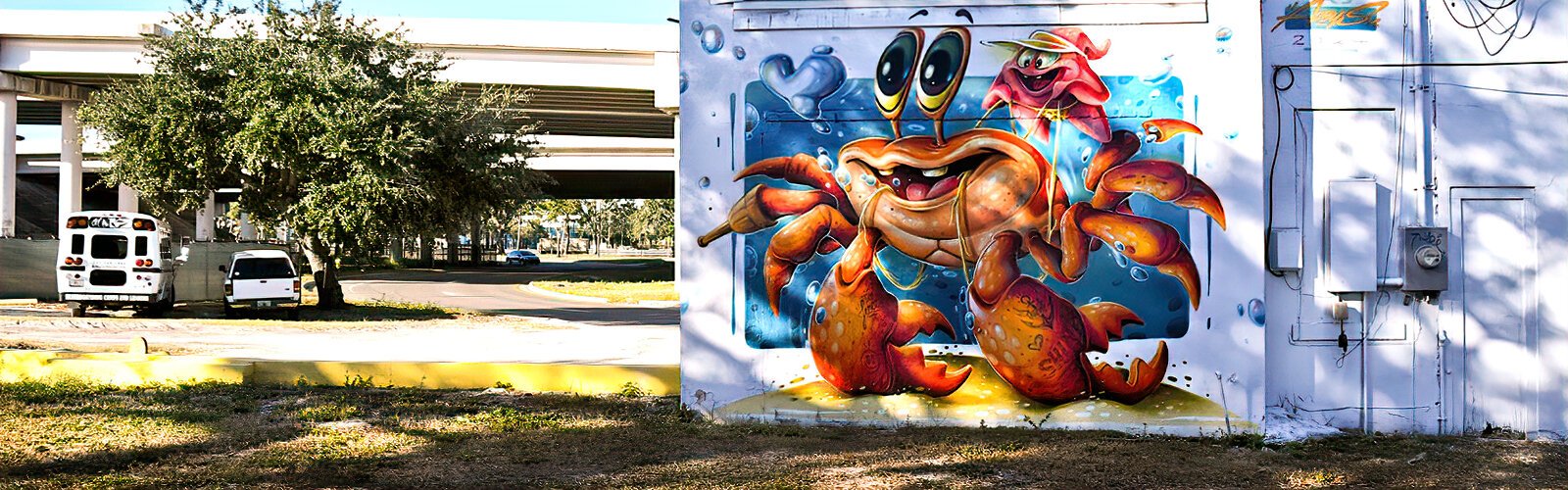 In addition to his first mural, French muralist Abys/Julien Brouard adorned the back of Anchor skate shop with one of his wacky characters as a bonus piece of public art.