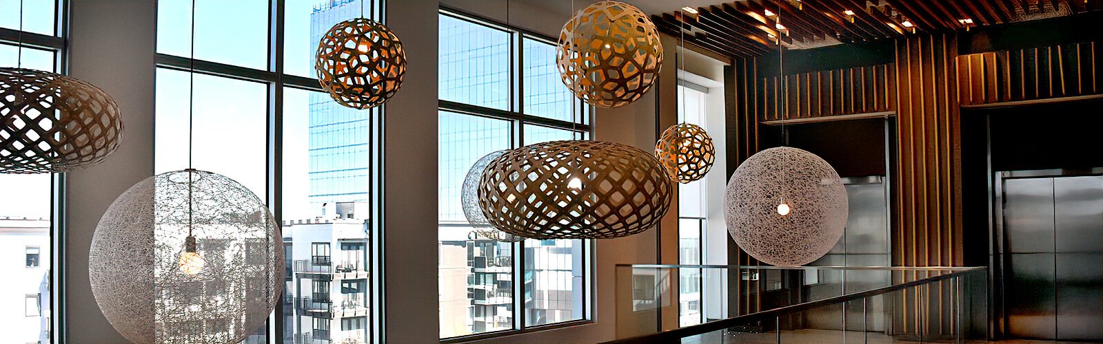 An attractive lighting décor greets guests on the way to the upscale Sal Y Mar rooftop bar and lounge at the Aloft Midtown Tampa Hotel.