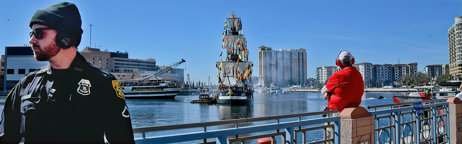 The three-masted ship Jose Gasparilla sails towards the Tampa Convention Center for the 106th Gasparilla Pirate Invasion.