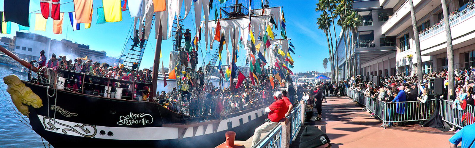 The Jose Gasparilla docks at the Tampa Convention Center during Gasparilla 2025.