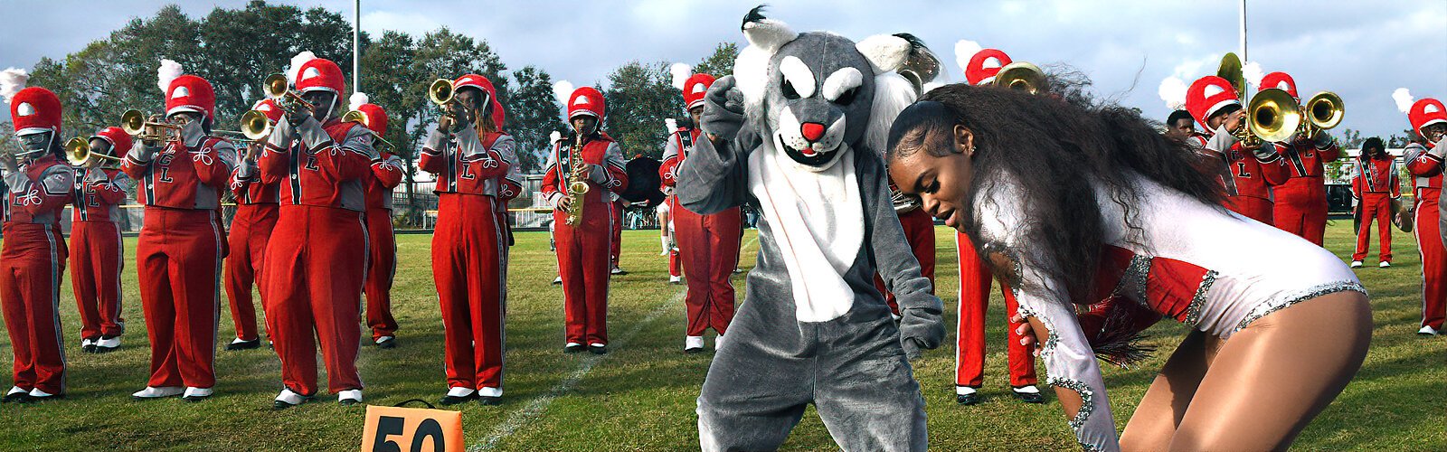 The Lucy C. Laney Wildcats mascot performs with the high school’s band at the MLK Battle of the Bands.