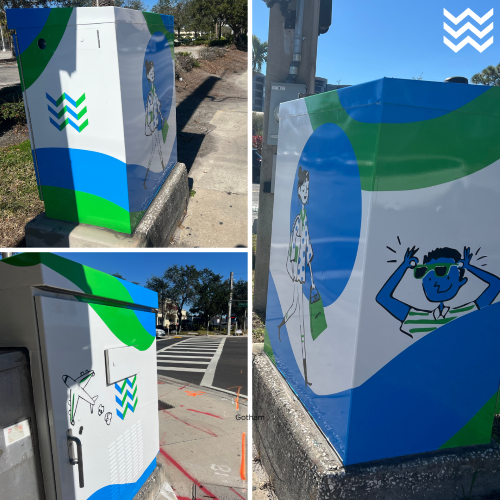 Tampa artist Gina Bernardini whimsical artwork adorns five traffic signal boxes along West Shore Boulevard.