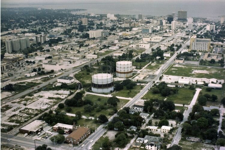 An aerial view of St. Pete's Gas Plant District