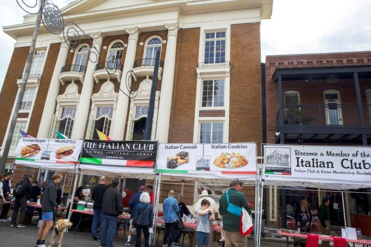 The food stands in front of the majestic Italian Club on Seventh  Avenue attracted continuous crowds during the.Ybor City Chamber of Commerce's 78th Fiesta Day.