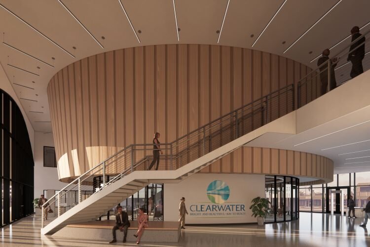 A rendering of the interior of Clearwater's future City Hall, which is under construction with a projected July 2026 completion date.