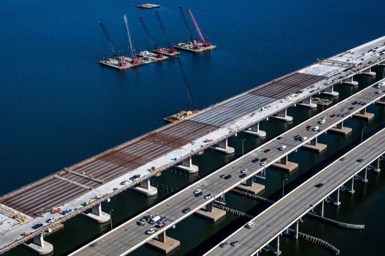 Construction on the new span of the Howard Frankland Bridge in January 2025